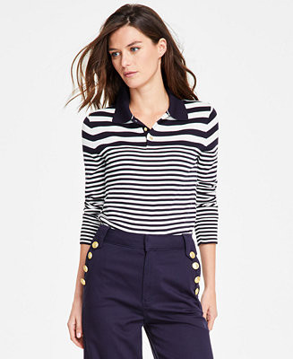 Nautica Jeans Women's Striped Long-Sleeve Polo Sweater - Macy's | Macy's