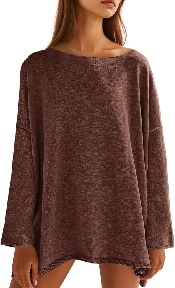 Tankaneo Womens Long Sleeve Shirts Oversized Lightweight Sweaters Crewneck Side Slit Hem Casual B... | Amazon (US)