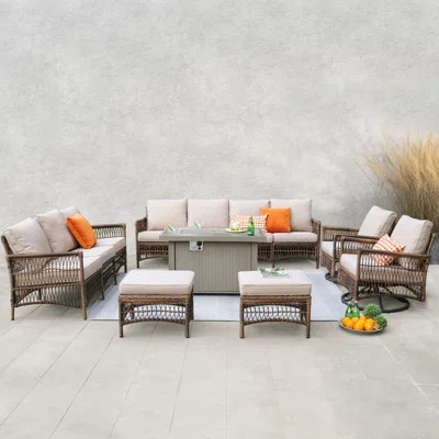 Charay 7 Piece - Outdoor Wicker Patio Set with Fire Pit Table & Swivel Chairs | Wayfair North America