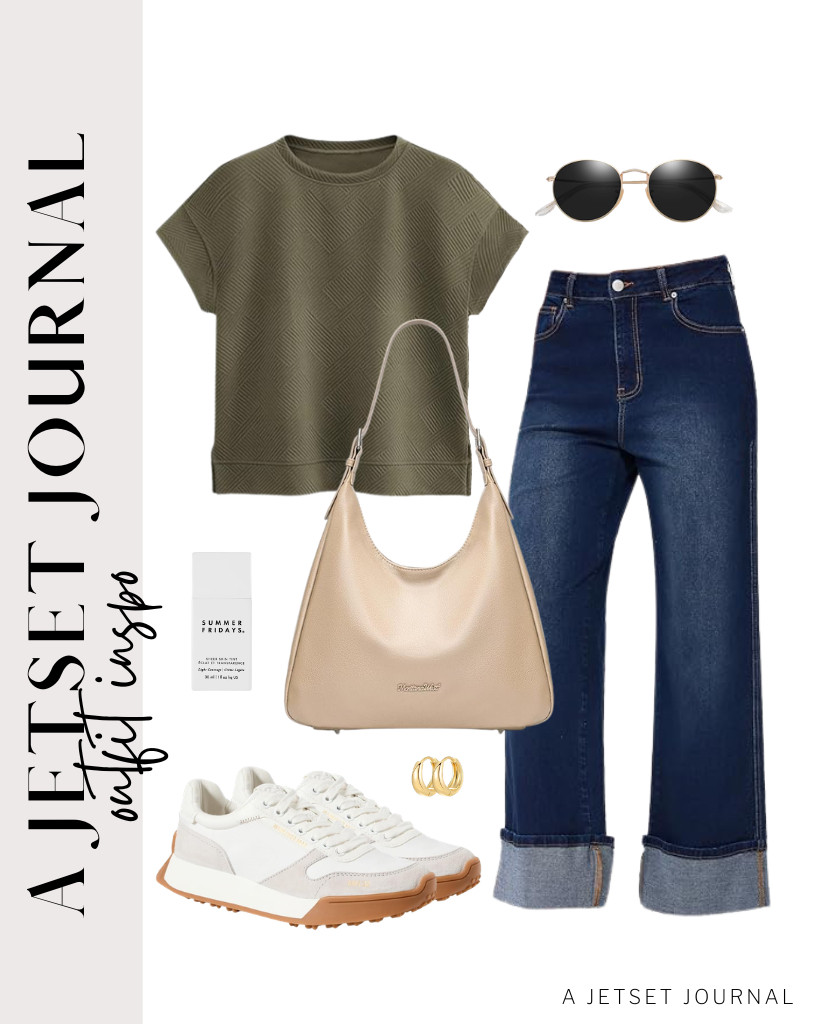 For an army green short-sleeved top and cuffed jeans from Vinova, you can wear Sam Edelman Layla sneakers. This Montana West bag matches this look, too! To finish this fit, wear these hoop earrings and apply Summer Fridays Sheer Skin Tint.

#LTKSeasonal #LTKSaleAlert #LTKTravel
 

 