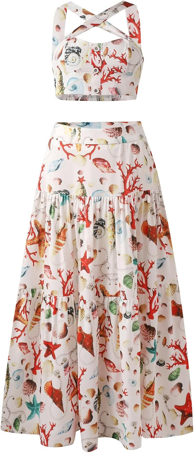 Women's White Seashell Print Two-Piece Set - Sleeveless Crop Top & Tiered Maxi Skirt Beach Vacati... | Amazon (US)
