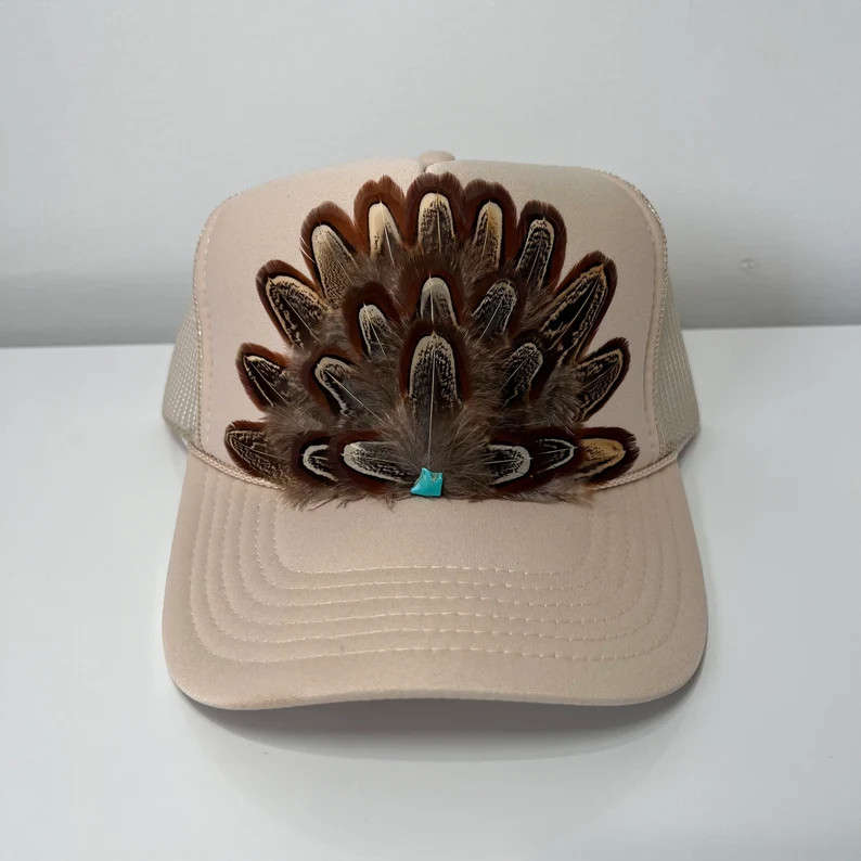 FEATHER Trucker Hat Turquoise Stone Embellished Trucker Hat Tan - Etsy | Etsy (US)