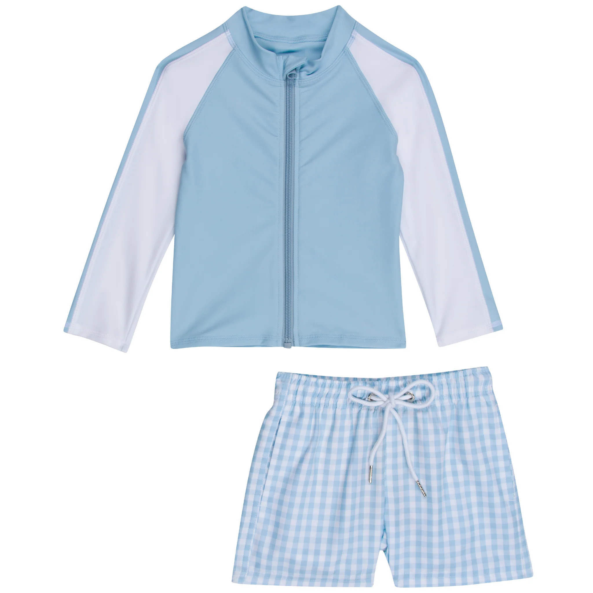 Boys Long Sleeve Zipper Rash Guard and Swim Trunk Set | "Blue Gingham" | SwimZip