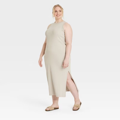 Women's Rib-Knit Maxi Bodycon Dress - Universal Thread™ Tan 4X: Highneck, Sleeveless, Side Slit | Target