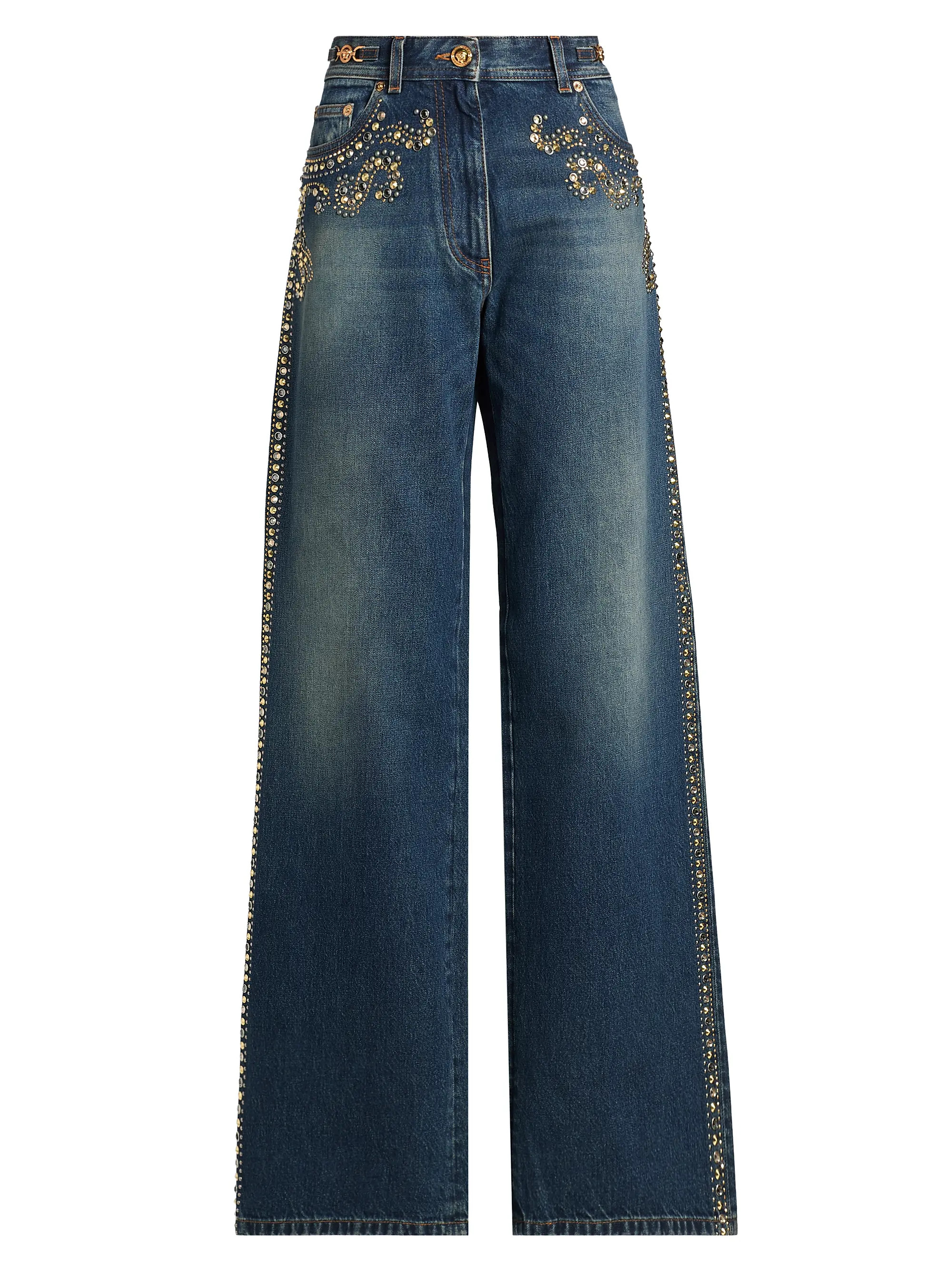 Versace Embellished High-Rise Wide-Leg Jeans | Saks Fifth Avenue | Saks Fifth Avenue