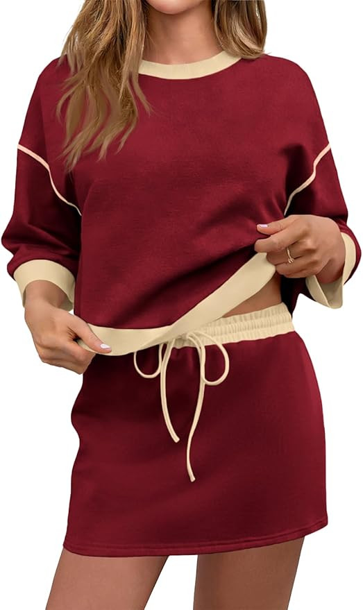 Tankaneo Womens Skirt Set 2 Piece Outfits Casual Sweatshirt Skort Set 3/4 Sleeve Color Block Matc... | Amazon (US)