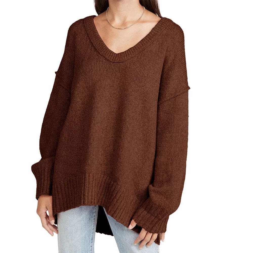 Long Sleeve Winter Women V-Neck Oversize Loose Knit Sweater Pullover | Walmart (US)