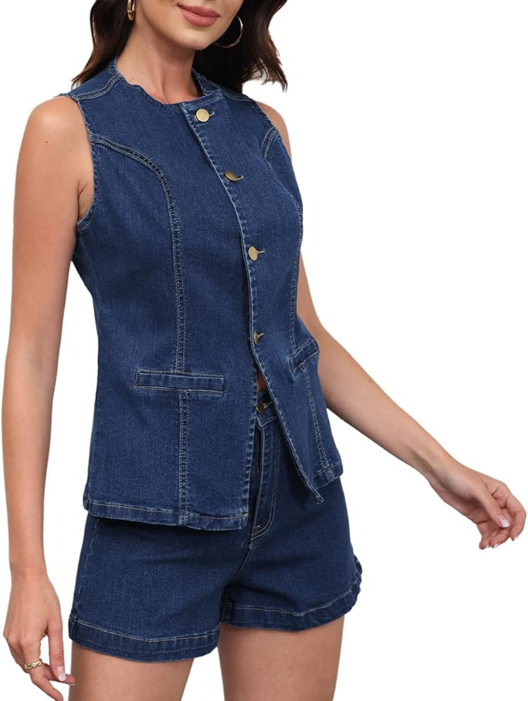 ECHOINE Womens Denim 2 Piece Set Sleeveless Blazer Vest Tops and Jeans Shorts Outfit Business Cas... | Amazon (US)