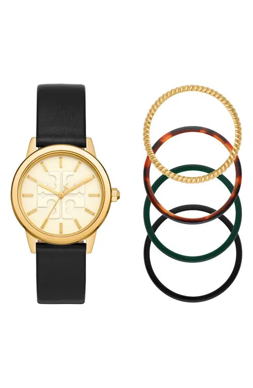 Tory Burch Gigi Leather Watch & Top Rings Set, 36mm in Ivory/Gold at Nordstrom | Nordstrom