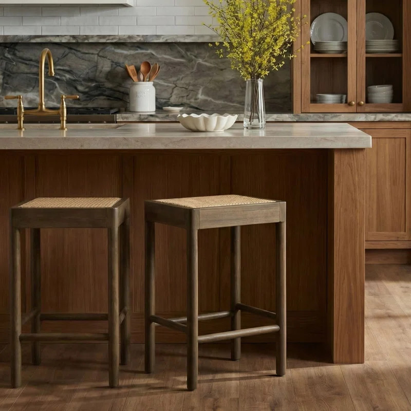Victor Backless Solid Wood Counterstool With Rattan Woven Cane Seat, Medium Brown (Set of 2) | Wayfair North America