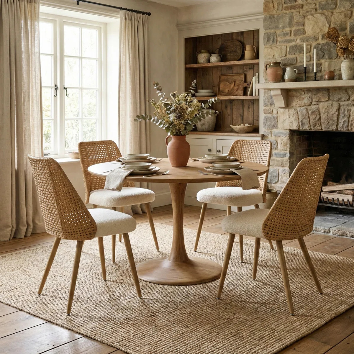 19.5" Seat Height Boucle Rattan Back Dining Chair (Set of 4) | Wayfair North America