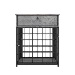 19.68 in. Gray Square Particleboard End Table with 1-Drawer Small Wooden Dog Kennel Dog Crate Nights | The Home Depot