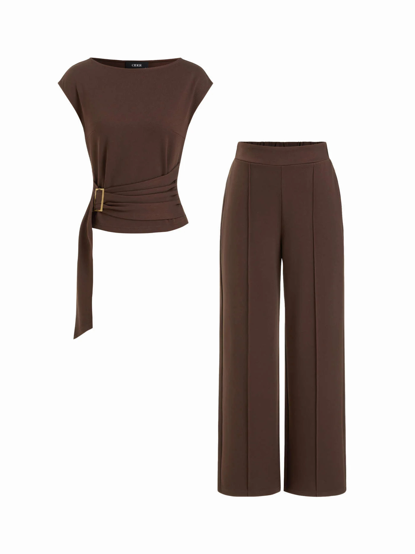 Knit Fabric Boat Neck Metal Detail Belted Ruched Top & Mid Rise Straight Leg Trousers Set For Dai... | Cider