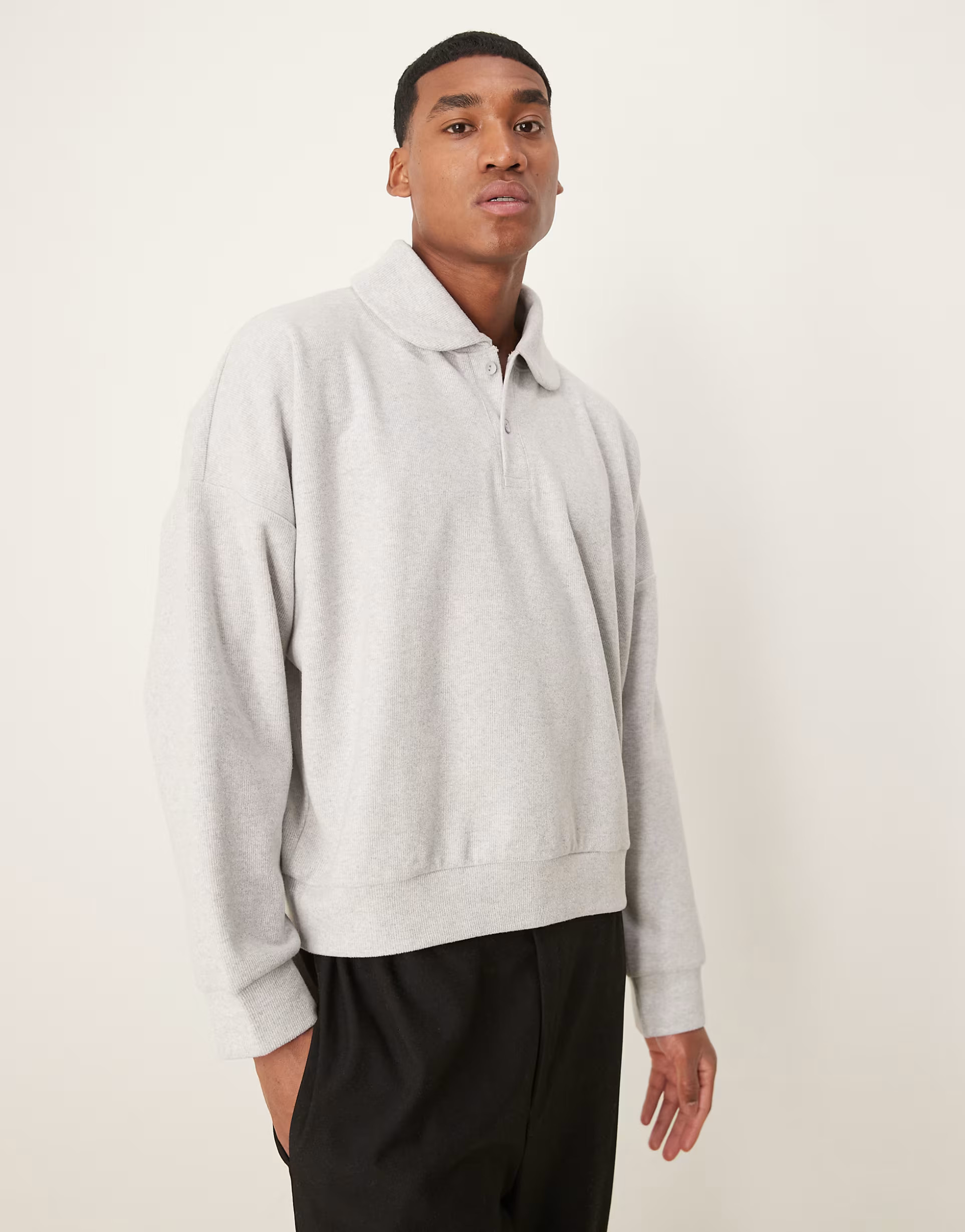 ASOS DESIGN oversized dropped shoulder boxy sweatshirt with shawl neck in grey marl | ASOS (Global)