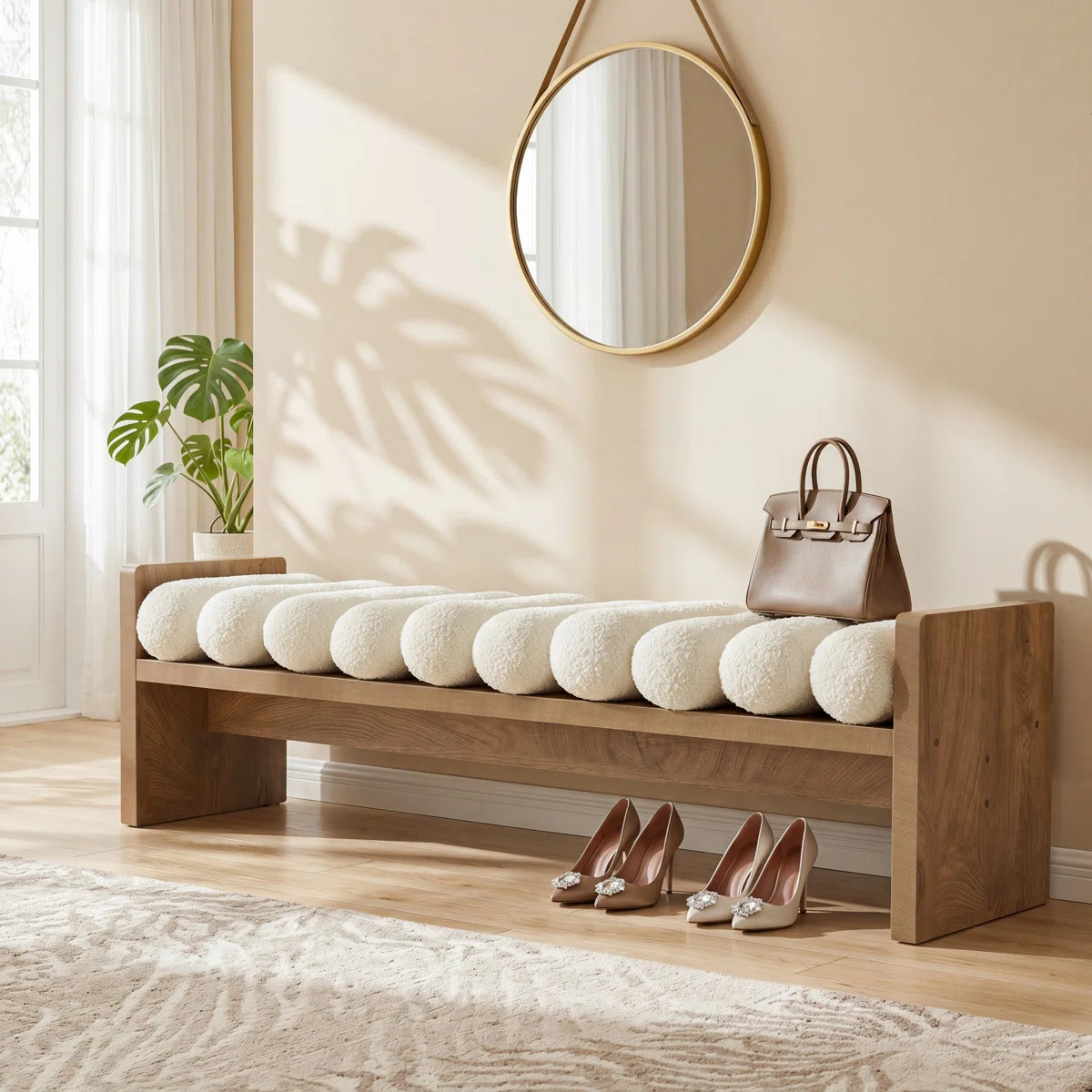 59'' Wooden Entryway Bench With Boucle Cushion, Upholstered Fabric End Of Bed Bench | Wayfair North America