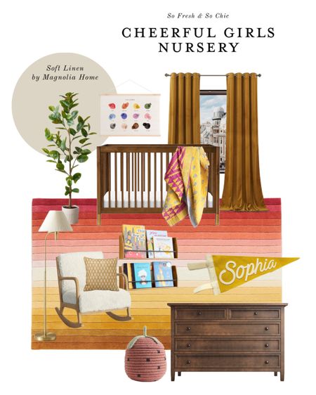 Cheerful and colorful girls nursery mood board inspiration! The rug is on sale and a few other pieces too!
-
Mustard gold velvet curtains - striped gradient pink and gold rug - boucle rocking chair nursery - wood crib - wood dresser - faux rubber plant tree - color chart hanging art - wall book shelves kids room - floor lamp with pleated shade - baby kantha quilt - custom name pennant banner - kids room decor - nursery decor - nursery furniture - girls nursery inspiration - Target - Amazon Home - Anthropologie - Etsy - West Elm - Crate and Barrel - CB2 - H&M Home kids room - strawberry basket 

#LTKbaby #LTKkids #LTKhome