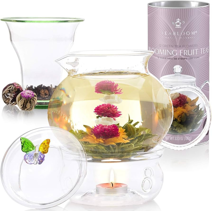 Teabloom Wings of Love Blooming Tea Gift Set - 40 oz Borosilicate Glass Teapot, Teapot Warmer, Gl... | Amazon (US)