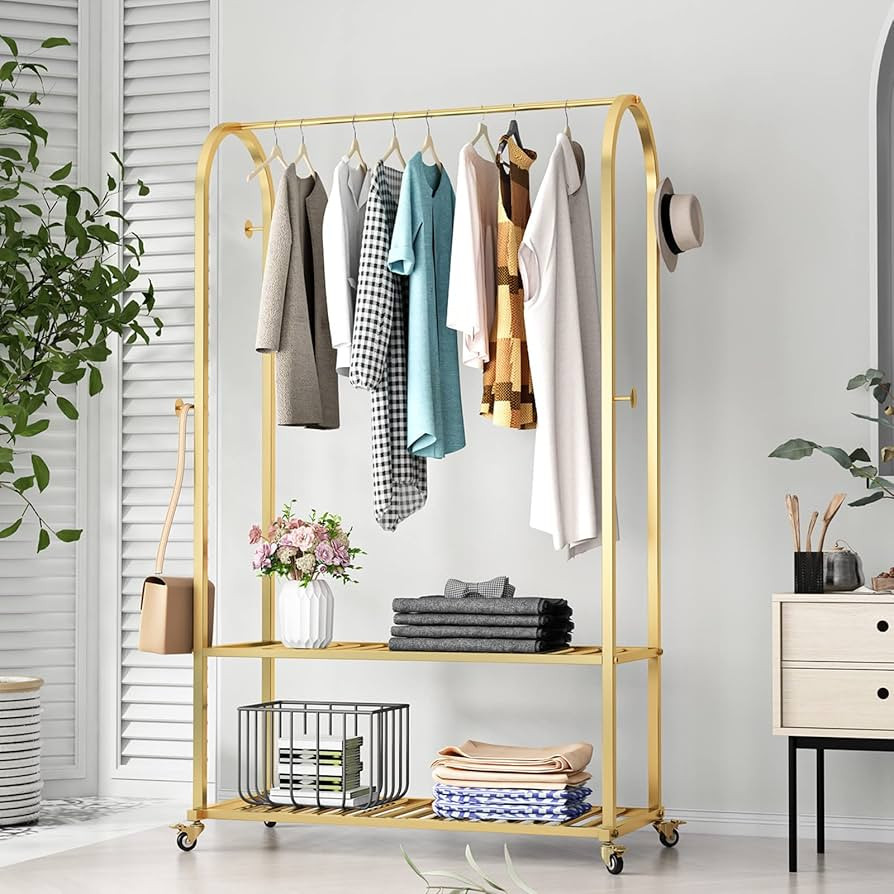 Gold Clothing Rack on Wheels Modern Display Rack with 2-tier Shelf Metal Hanging Rack Gold Clothe... | Amazon (US)