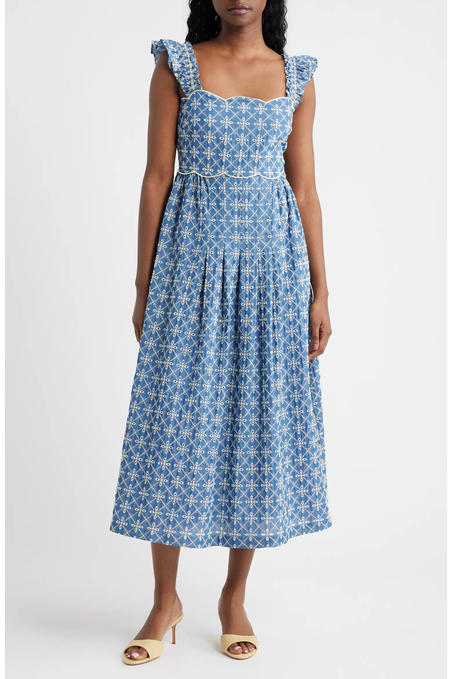 Embroidered Flutter Sleeve Cotton Blend Midi Dress (Women) | Nordstrom | Nordstrom