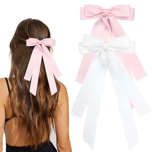 MIKONIKO Bow Hair Clips 2PCS Set for Women and Girls - Black White Ribbon Bows for Hair, with Long Tail, Alligator Clip (White & Pink) | Amazon (US)