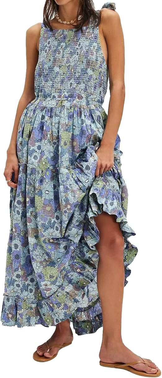 Women Floral Maxi Dress Tie Shoulder Cutout Backless Boho Smocked Flowy Dresses Summer Fall Sundr... | Amazon (US)