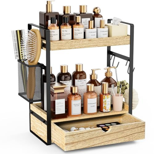 2-Tier Bathroom Counter Organizer with Drawer Basket and Hooks, Wood Bathroom Organizers and Storage for countertop, Farmhouse Brown Countertop Organizer, Counter Shelf for Vanity, Kitchen, Office | Amazon (US)
