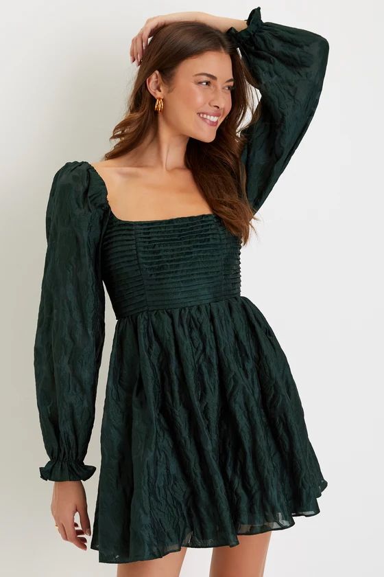 Darling Persona Emerald Green Jacquard Puff Sleeve Mini Dress | Lulus (US)