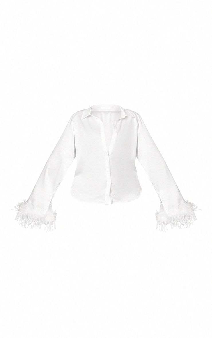 White Premium Feather Trim Shirt | PrettyLittleThing US