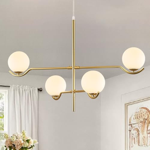 CATINER 4 Lights Modern Gold Sputnik Chandelier, L31 '' Large Mid Century Long Ceiling Pendant Light Fixtures with Milk Glass Globe Shades for High Ceiling Living Room Foyer Dining Room Bedroom | Amazon (US)