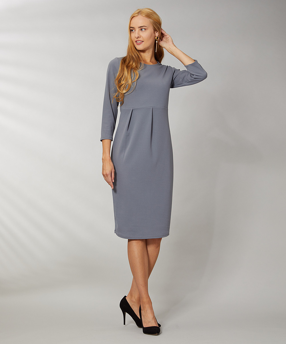 VKY & CO Women's Career Dresses GRAY - Gray Crepe-Knit Scoop-Neck Midi Sheath Dress - Women & Plus | Zulily