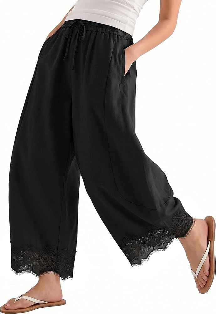 TARSE Womens Linen Wide Leg Pants Cropped Lace Trim Drawstring Elastic Waist Boho Harem Beach Tro... | Amazon (US)