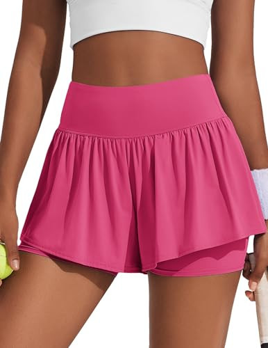PINSPARK Flowy Running Shorts for Women 2 in 1 Athletic Workout Gym Tennis Short with Pockets Quick Dry Sportswear, Hot Pink, X-Small | Amazon (US)