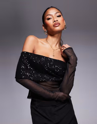 ASOS DESIGN bardot off the shoulder sequin top in black | ASOS (Global)