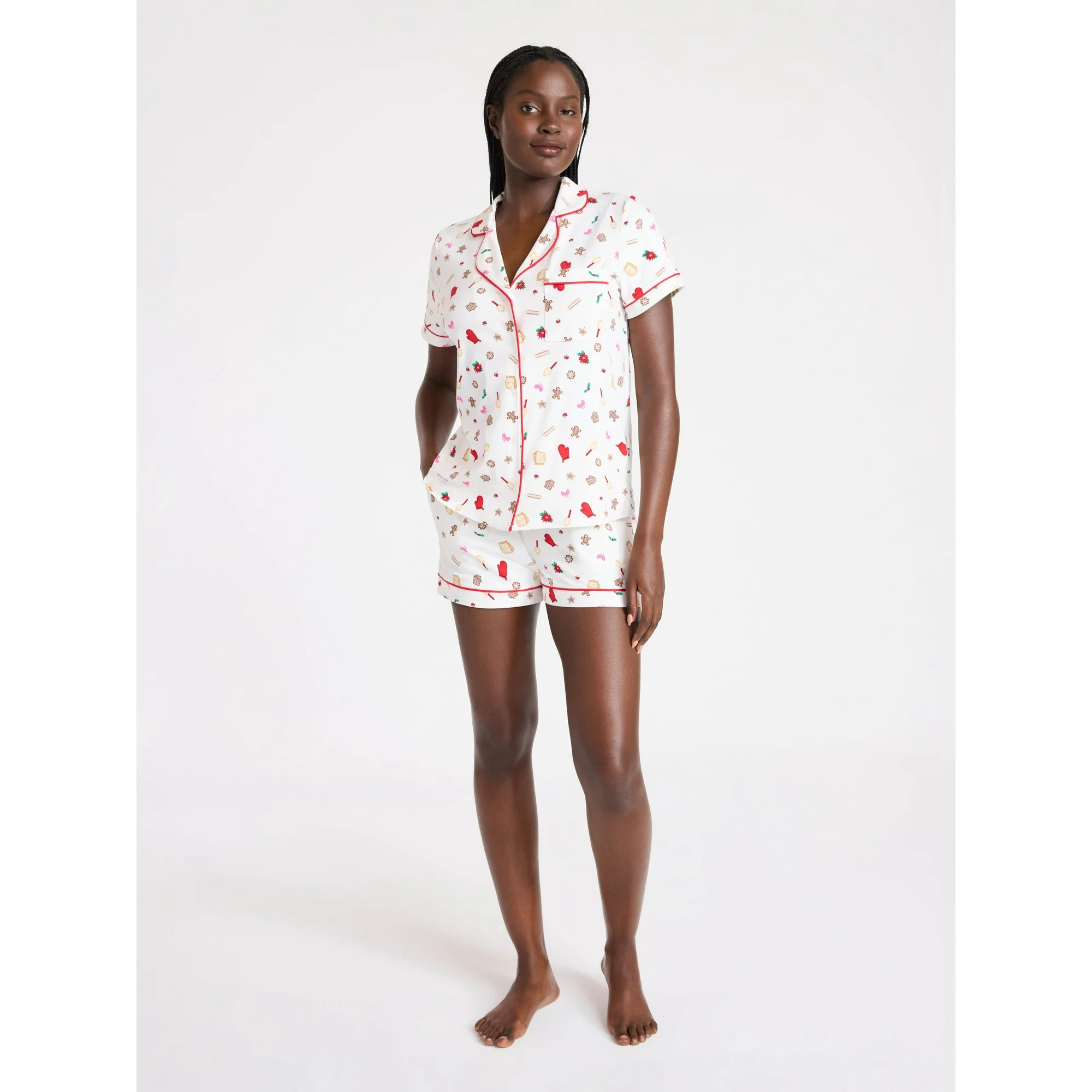 Joyspun Women’s Dreamy Soft Collection Notch Collar Knit Top and Boxer Shorts Pajama Set, Sizes... | Walmart (US)