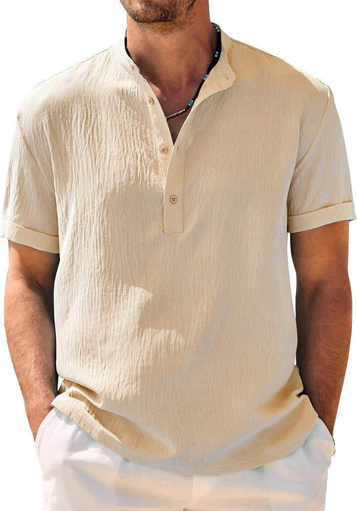 COOFANDY Men's Casual Henley Shirt Band Collar Short Sleeve Shirt Summer Beach Hippie Shirt | Amazon (US)