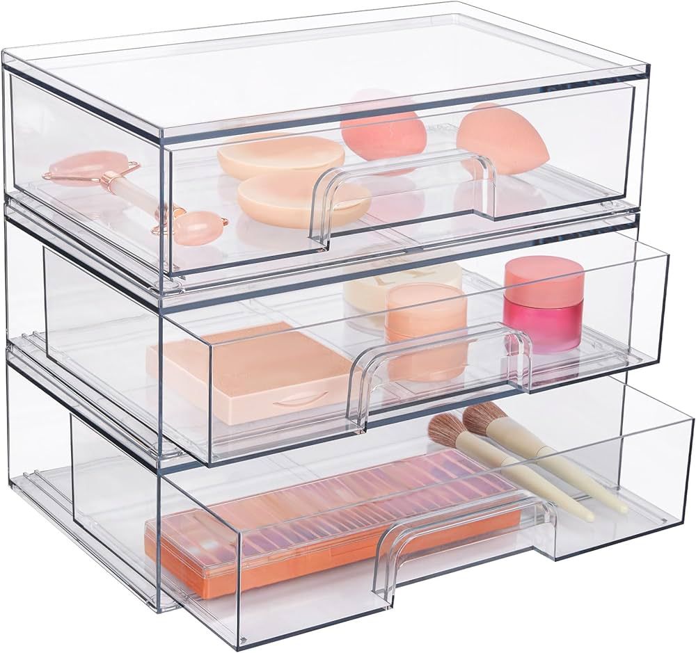 Vtopmart 12''W Clear Stackable Storage Drawers,3 Pack Acrylic Plastic Organizers Bins for Makeup ... | Amazon (US)