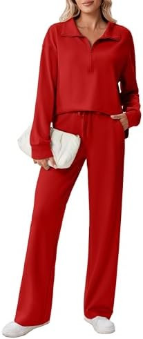 PINSPARK 2 Piece Sets for Women 1/2 Zip Sweatsuit Loose Fit Sweatshirt Straight Leg Pants 2025 Ma... | Amazon (US)