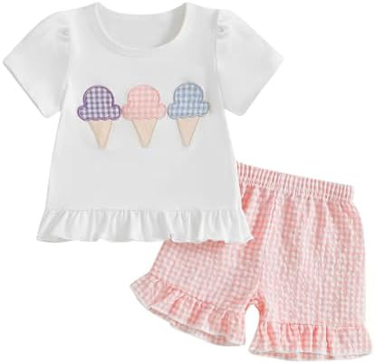 fhutpw Toddler Baby Girls Summer Clothes Smocked Short Sleeve T-Shirt Tops Ruffled Plaid Short Se... | Amazon (US)