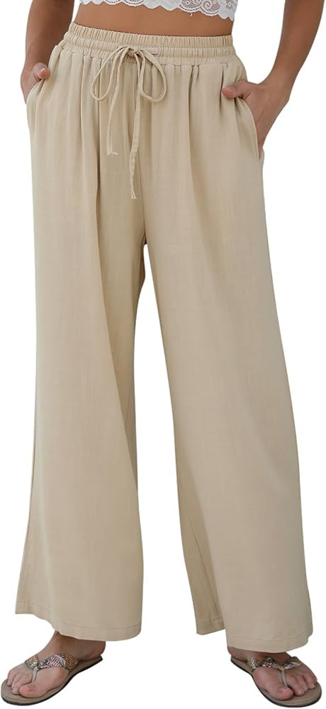 Women Linen Wide-Leg Palazzo Pants Summer Flowy Baggy High Waist Casual Lounge Travel Trousers wi... | Amazon (US)