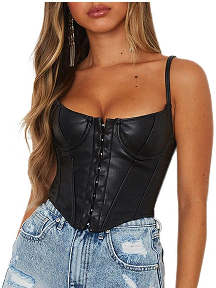 TYNORA Women PU Leather Corset Crop Top Spaghetti Strap Bustier Camisole Clubwear | Amazon (US)