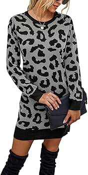 KIRUNDO Women’s 2021 Winter Long Sleeves Mini Sweater Dress Leopard Plaid Print Crew Neck Overs... | Amazon (US)