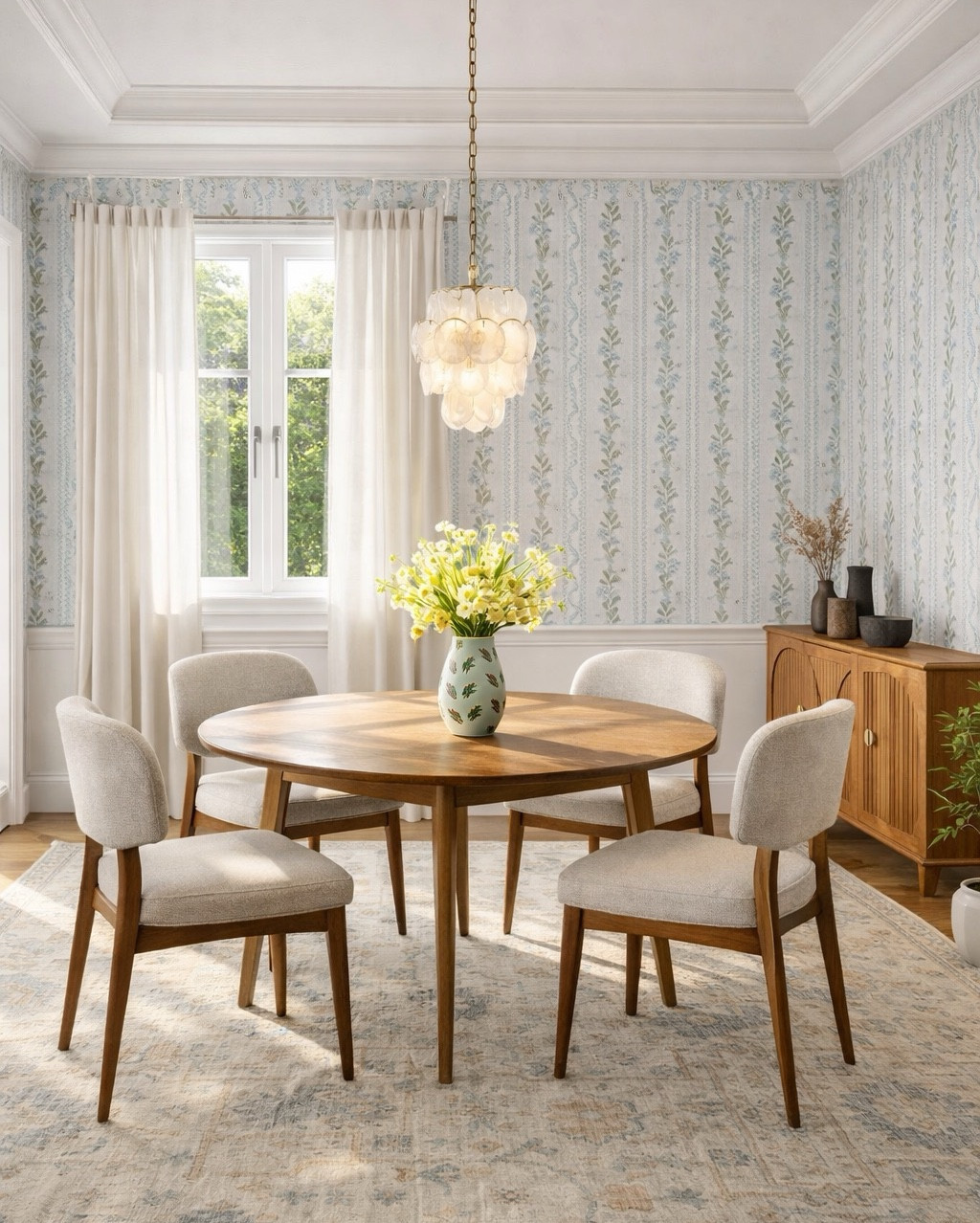 Beautiful dining room, extendable dining table from West Elm, dining chairs, affordable console table from Wayfair, faux tree, beautiful floral wallpaper, pendant light. #homedecor #diningroominspo#LTKFamily 

#LTKHome #LTKSeasonal