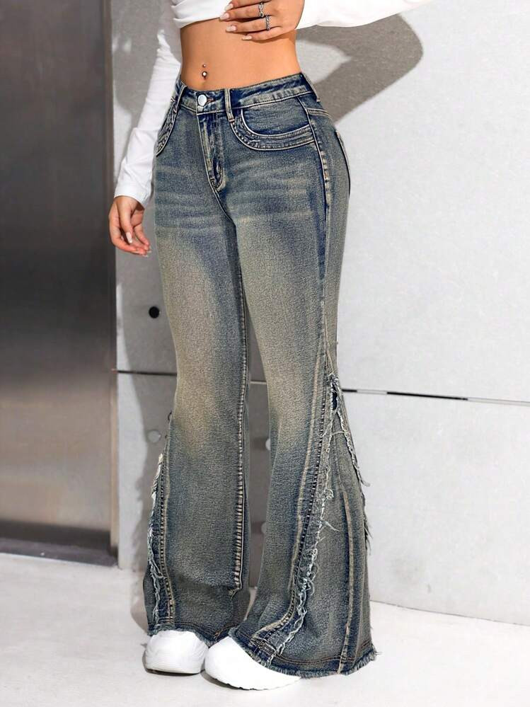 SHEIN Teen Girls Y2K Fashionable Black Stonewashed Denim Flare-Leg Jeans Pants With Side Frayed Hem Fall Winter | SHEIN