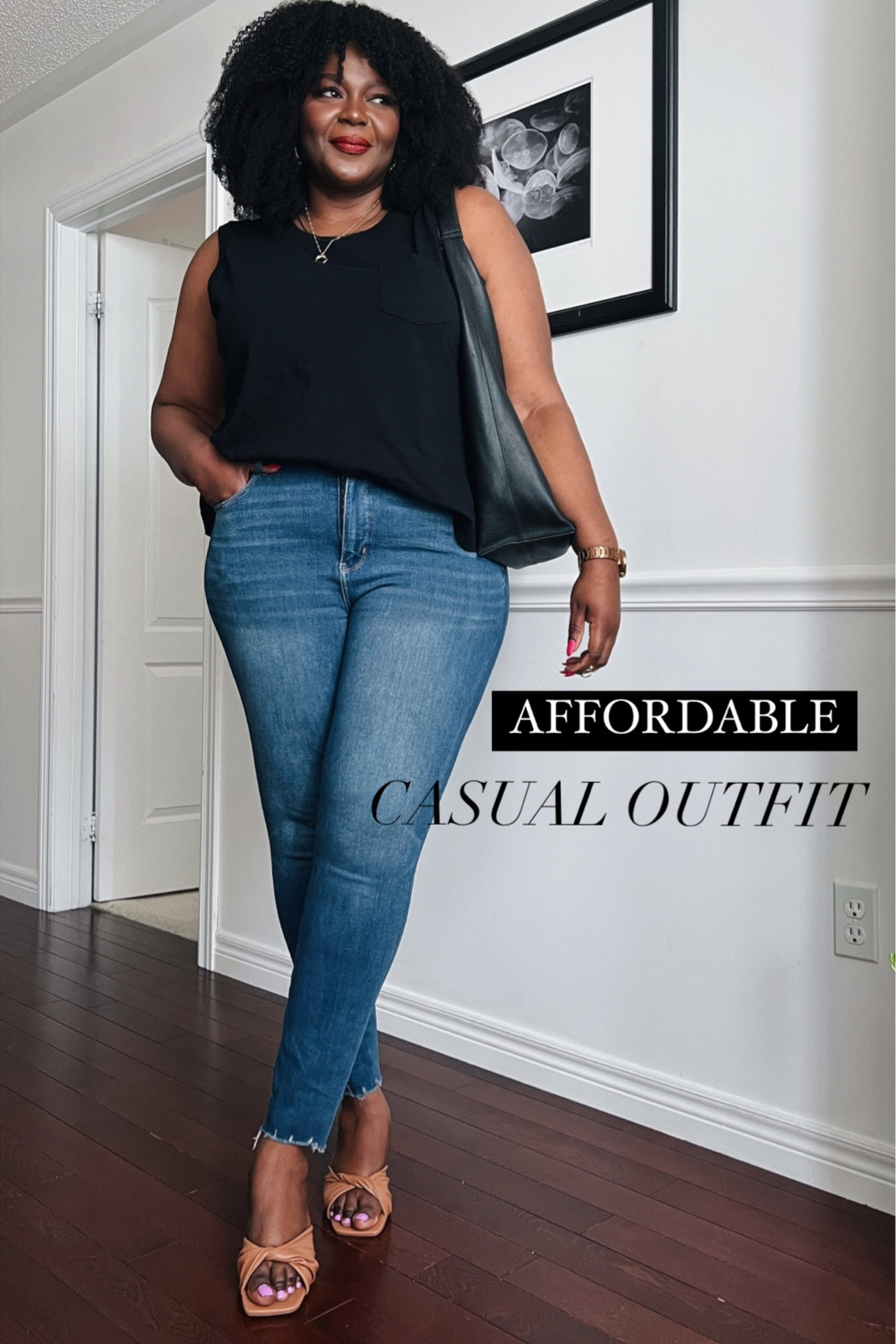 Chic summer outfit featuring my my fave skinny jeans #summeroutfit #summeroutfits plus size , plus size jeans, casual outfit, plus size black tee, plus size T-shirt, Assa Cissé, sleeveless T-shirt, skinny jeans, affordable outfit, Walmart finds, #walmartplussize, everyday outfits