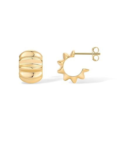 PAVOI 14K Yellow Gold Plated Chunky Ribbed Scallop Lightweight Hoop Huggie Earrings for Women | Gold Statement Earring Pair | Amazon (US)