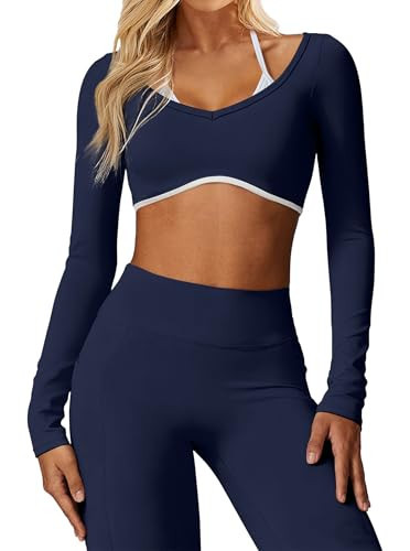AGECODE Women's Workout Crop Tops Halter Long Sleeve Backless Padded Sports Bra Gym Yoga Top T Shirts Navy X-Large | Amazon (US)
