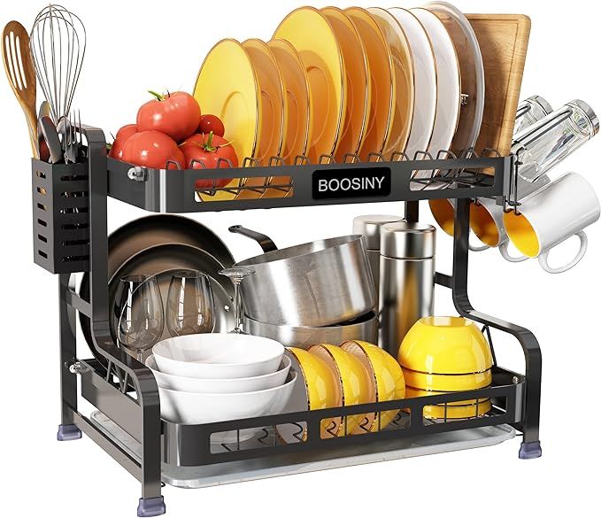 2 Tier Dish Drying Rack, Boosiny Large 304 Stainless Steel Dish Rack and Drainboard Set with Cup ... | Amazon (US)