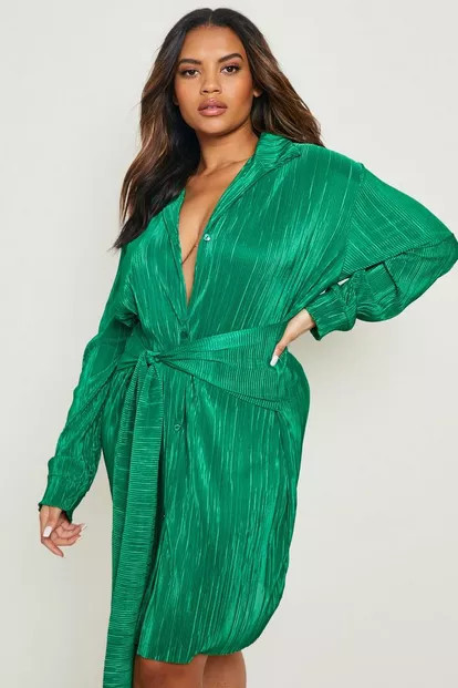 Plus Plisse Wrap Shirt Dress | Boohoo.com (US & CA)