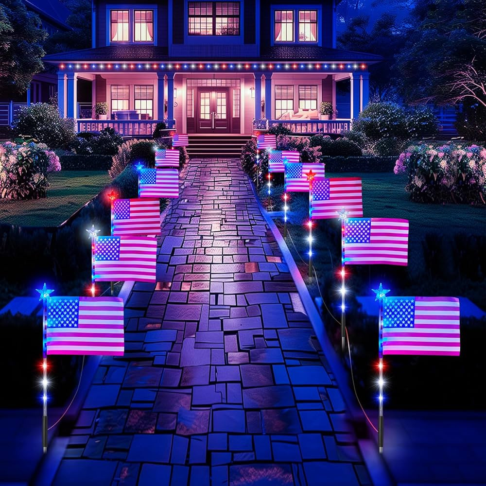 4th of July Decorations Outdoor, Brightown Red White and Blue Lights, 12 Flag Lights Pathway, Mem... | Amazon (US)