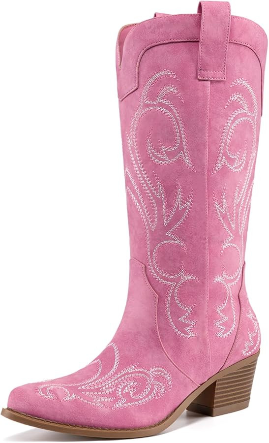 Athlefit Women's Embroidered Western Cowboy Boots Fashion Pointed Toe Chunky Heel Mid Calf Cowgir... | Amazon (US)